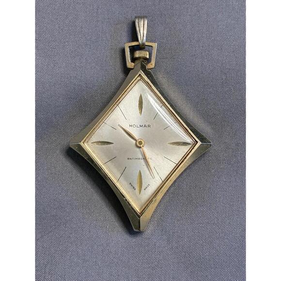 Vintage 1960s Holmar Gold Tone Diamond Shape Pendant Pocket Watch - Swiss Made